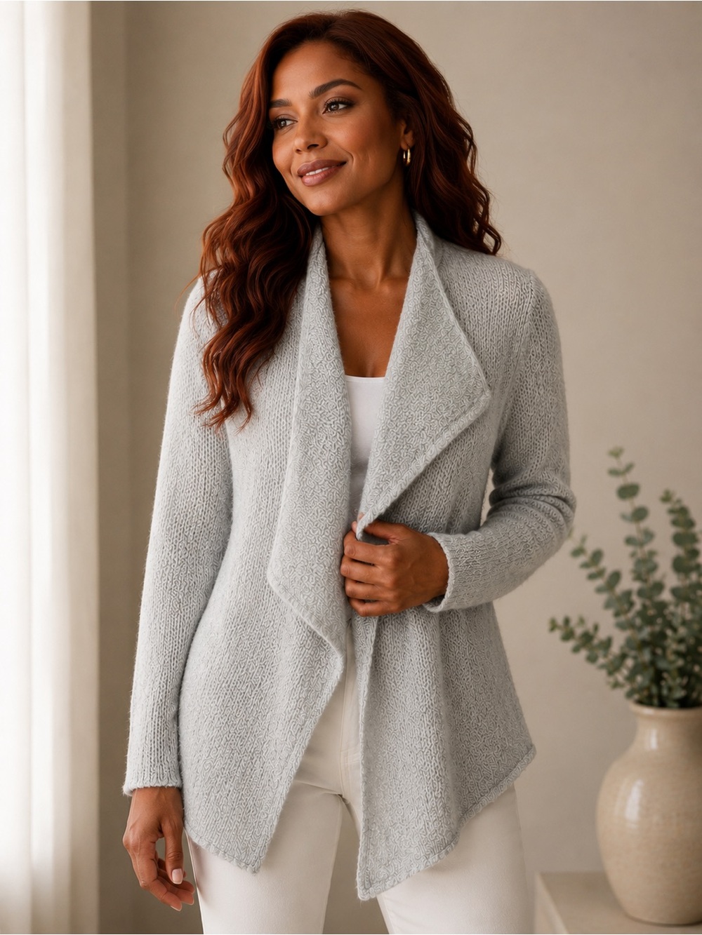 Calvin Klein Light Gray Open-Front Draped Cardigan